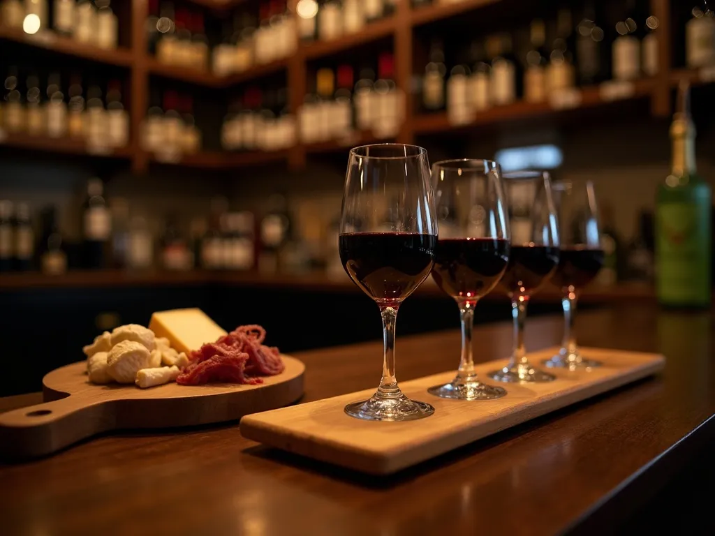 A three-glass wine flight beside a cheese and charcuterie board on the bar